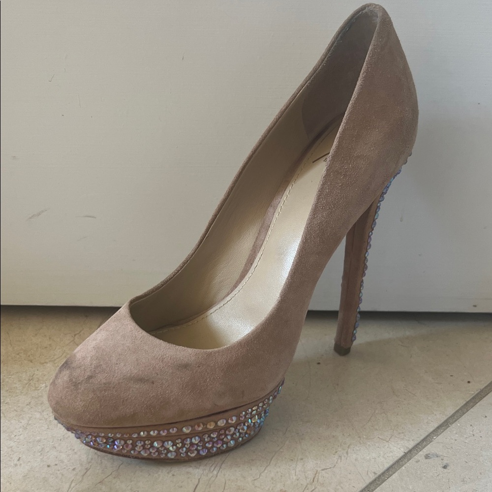 Brian Atwood Tan Suede Heels with Sparkling Platform